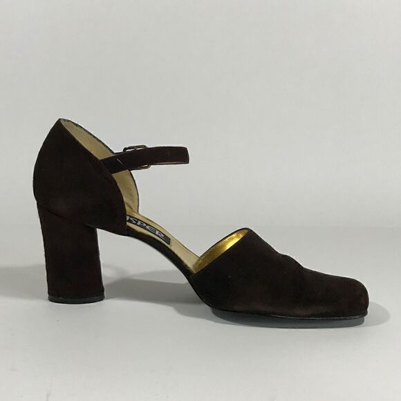 Vintage Kasper Brown Suede Oval Heel wAnkle Strap - Picture 3 of 7